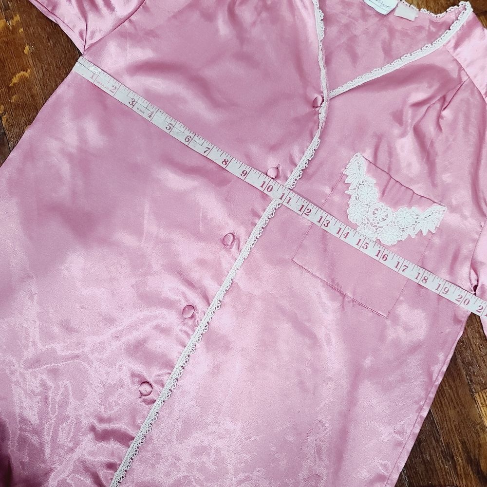 Vintage 90s Barbiecore Pink Lace Trim Sateen Pajama Top - Picture 7 of 16